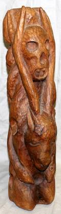 070238 HAITIAN WOOD CARVING GOAT HEAD SNAKES SKULL
