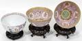 050310 ORIENTAL PORCELAIN RICE BOWLS TEAKWOOD STANDS