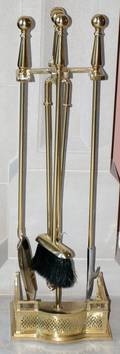 091404 BRASS SET OF FOUR FIRE TOOLS ON STAND MODERN