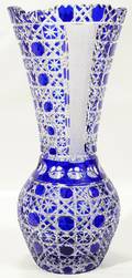 081420 CZECH COBALT BLUEOVERLAY CRYSTAL VASE H14