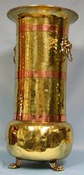 063615 BRASS  COPPER UMBRELLA STAND W LION HANDLES