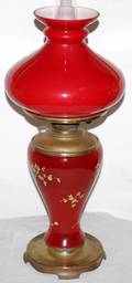 091503 ANTIQUE RED TO WHITE CASE GLASS OIL LAMP