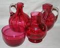 091476 CRANBERRY GLASS PITCHERS  A BOWL C1880