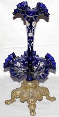 072383 TWO TIER BLUE GLASS COMPOTE WFLORAL DESIGN