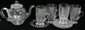 042443 GLASS TEAPOT CUPS  SAUCERS 10 PIECES
