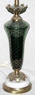 082455 GREEN GLASS  BRASS LAMP ON A MARBLE H35