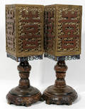 11063 CHINESE BRONZE WOOD  CHAMPLEVE WEDDING LAMPS