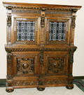 111242 BELGIAN CARVED OAK  STAINED GLASS CUPBOARD