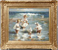 090075 OIL ON CANVAS CHILDREN AT BEACH