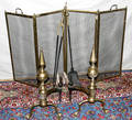 11123 BRASS ANDIRONS SCREEN  TOOLS 19TH C