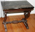 101157 MARBLE TOP  HAND CARVED WALNUT TABLE