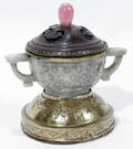 12160 CHINESE GRAY JADE BRONZE BASE INKWELL W LID
