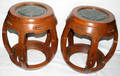 100120 ORIENTAL STYLE WALNUT TABORETS W MARBLE TOPS