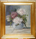 111421 COURBET OIL ON ARTIST BOARD ZINNIAS IN VASE