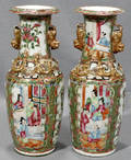 110274 CHINESE ROSE MEDALLION VASES W FOO DOGS