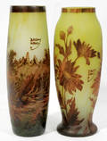 121386 GLASS VASES W GREEN  BRONZE COLORED DESIGNS