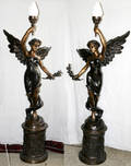 092308 BRONZE ELECTRIFIED TORCHIERES ANGEL W GLOBE