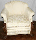 120444 UPHOLSTERED MAHOGANY EASY CHAIR H 32 W 36