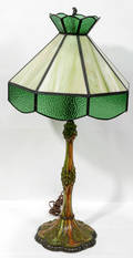 110439 AMERICAN GLASS  ENAMEL OVERLAY SPELTER LAMP