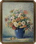 122601 ARCHIE P WIGLE OIL ON BOARD VASE W FLOWERS