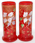 11018 BLOWN  ENAMELED PIGEON BLOOD RED GLASS VASES