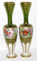 11017 MOSER OVERLAY GLASS VASES C1890 PAIR H 14