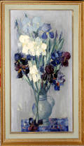 111011 DENISE BOURDOUXHE OIL ON CANVAS IRIS IN VASE