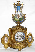 101028 FRENCH GILT METAL  PORCELAIN MANTLE CLOCK