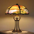 092054 REVERSE PAINTED GLASS  GILT METAL TABLE LAMP