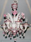 090899 VENETIAN PINK  WHITE GLASS CHANDELIER