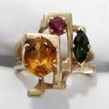 041104 GOLD CITRINE GREEN TOURMALINE  RUBY RING