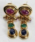 020107 12CT RUBY  SAPPHIRE EMERALD  GOLD EARRINGS