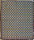 Olive blue and maroon overshot geometric coverlet early 19th c
