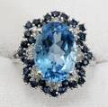 040156 GOLD 7CT BLUE TOPAZ 1CT BLACK DIAMOND RING
