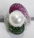 060120 PEARL RUBY GARNET SAPPHIRE DIAMOND  GOLD RING