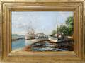 022175 J RUSSELL OIL ON CANVA FISHING BOATS