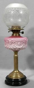 021350 AMERICAN PEACH BLOW GLASS  BRASS OIL LAMP