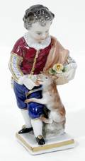 032180 DRESDEN PORCELAIN FIGURE BOY  DOG H 45