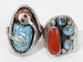 051293 NATIVE AMERICAN SILVER TURQUOISE CORAL RINGS