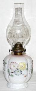 042287 COSMOS MILK GLASS OIL LAMP C1880 17 OVERALL