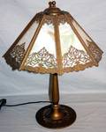 030305 GILT SPELTER  SLAG GLASS LAMP H 22 DIA 18