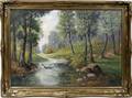 052386 M WINKER OIL ON CANVAS LANDSCAPE STREAM WOODS