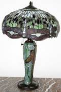 042323 LEADED GLASS ENAMEL  BRONZE DRAGONFLY LAMP