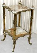 042315 VICTORIAN ONYX  BRASS 2TIER SQUARE TABLE