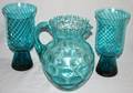 040408 FENTON BLUE GLASS SPIRAL PATTERN VASES PITCHER