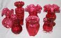 040405 FENTON GLASS RUFFLED EDGE RUBY RED VASES