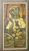 052390 RS OIL ON BOARD 24x12 GIRL W FRUIT