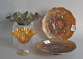Four pcs of Carnival glass to include a three fruit plate