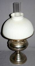 050446 PIERCED PLATED METAL  MILK GLASS OIL LAMP