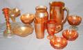 050412 AMBER CARNIVAL GLASS PITCHER VASES BOWLS